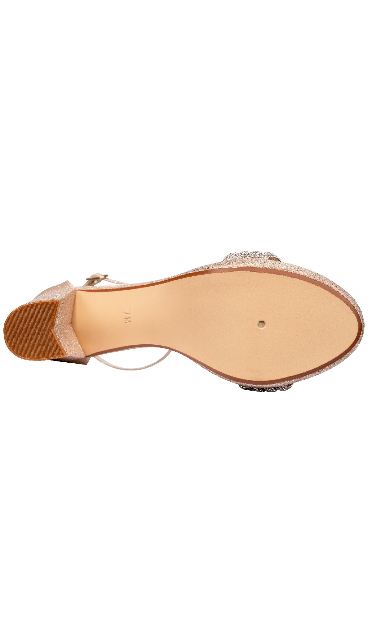A bottom view of the Parker Champagne Glitter Prom Shoes by Touch Ups 4659 features a beige sole, metallic upper, ankle strap, and textured heel—ideal for adding sparkle to your look.